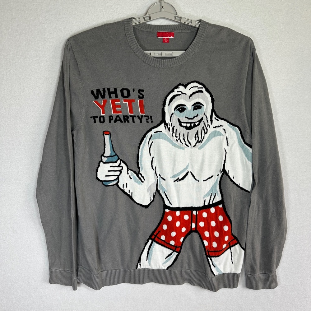 Who's Yeti To Party Sweater Mens XL Gray Funny Ugly Christmas Sweater Crew Neck